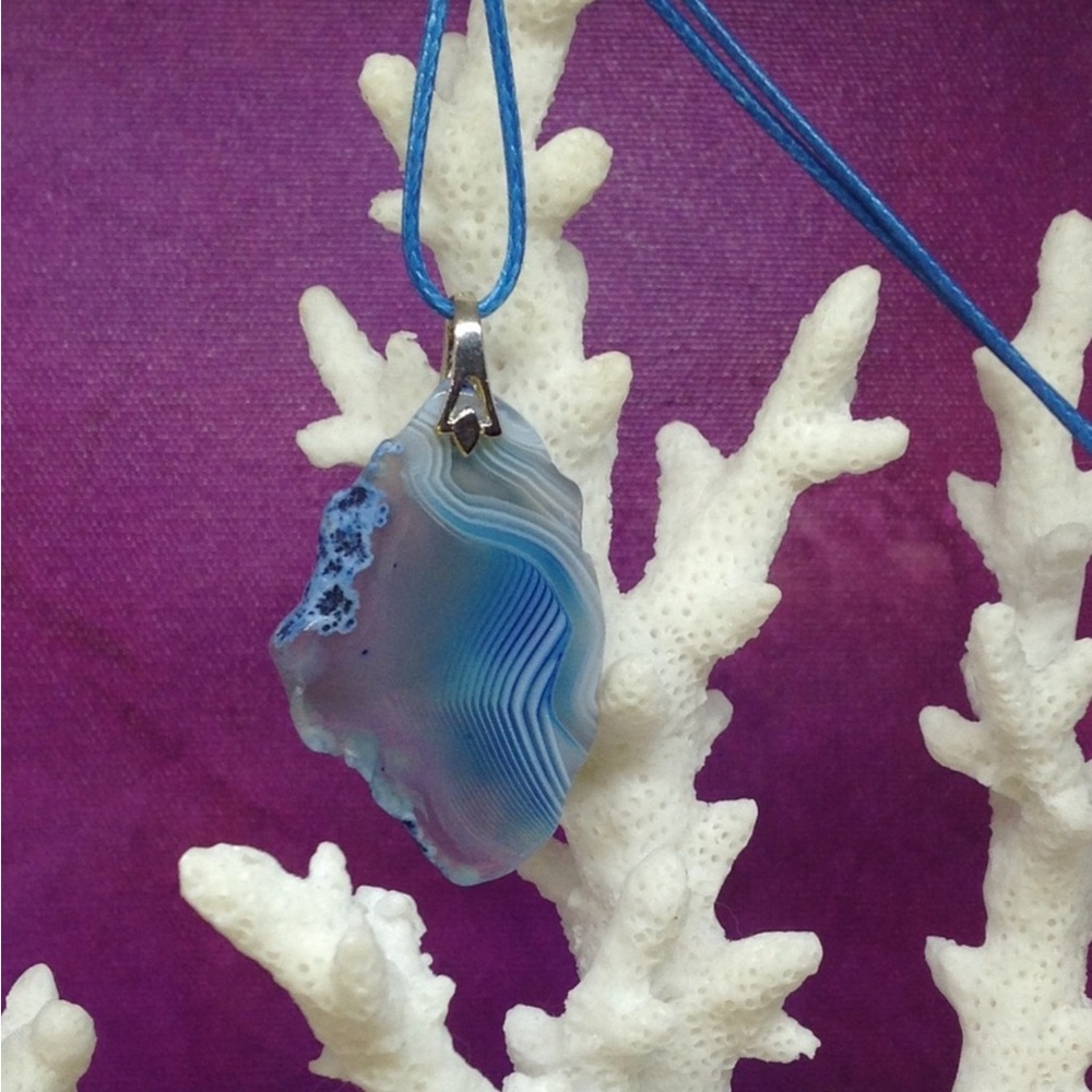 Handmade Blue Onyx Agate Slice Pendant Necklace on Waxed Cotton Cord